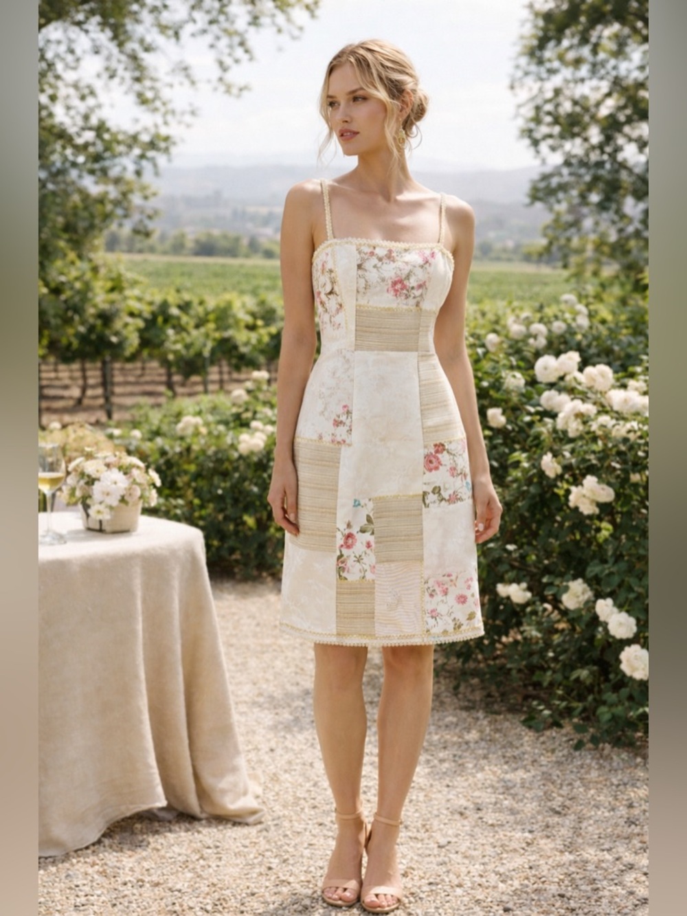 Alberto Makali Patchwork Floral Jacquard Dress Sequin Lace Trim Romantic Sz 12 - Picture 2 of 16